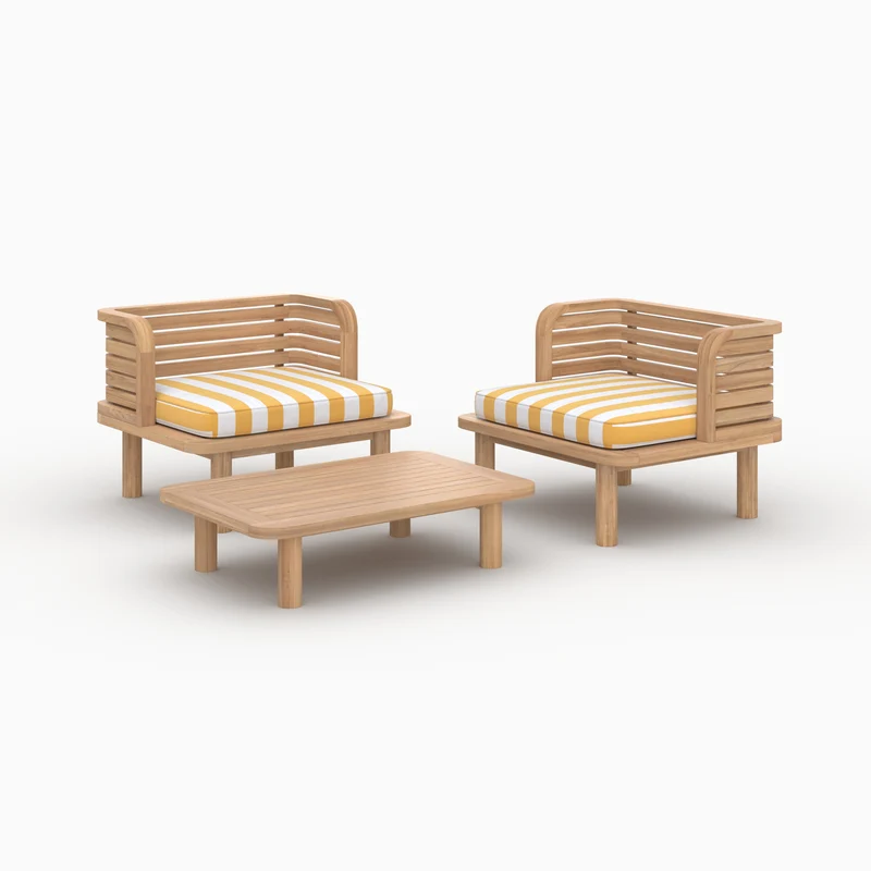 Salon de jardin Kilda 2 places en teck, tissu rayé jaune, 2 fauteuils
