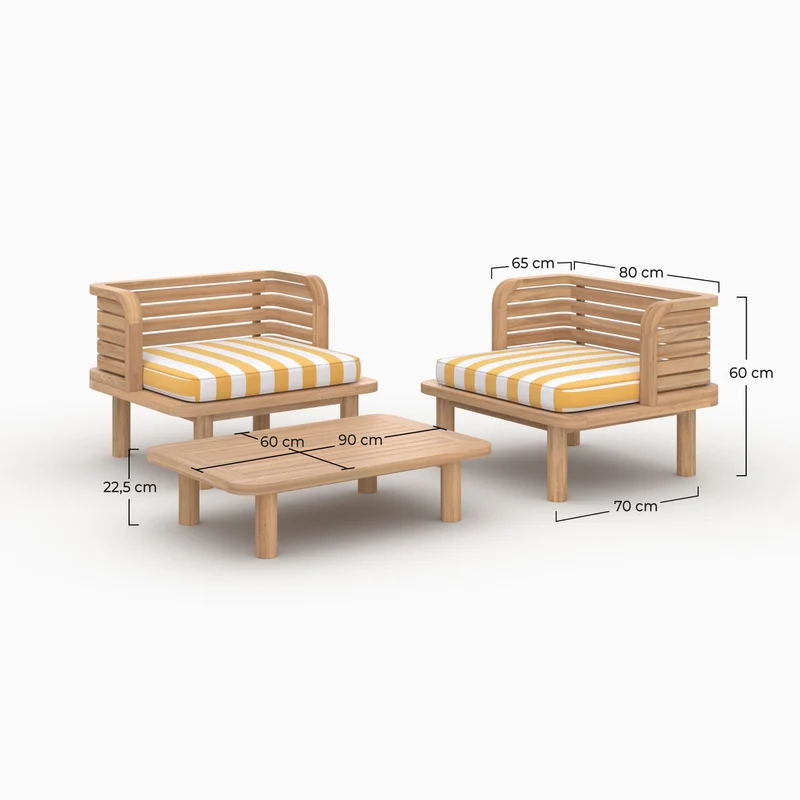 Salon de jardin Kilda 2 places en teck, tissu rayé jaune, 2 fauteuils