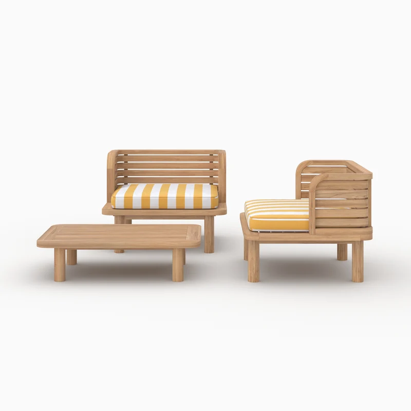 Salon de jardin Kilda 2 places en teck, tissu rayé jaune, 2 fauteuils