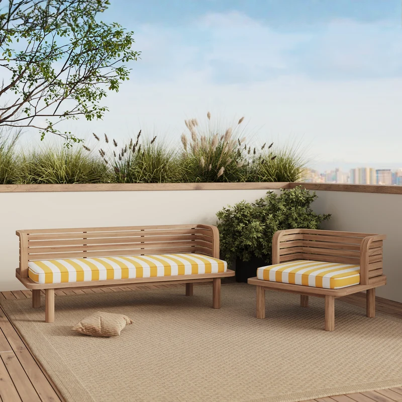 Canapé et fauteuil de jardin Kilda 3 places, teck massif, tissu jaune