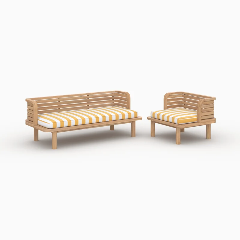 Canapé et fauteuil de jardin Kilda 3 places, teck massif, tissu jaune