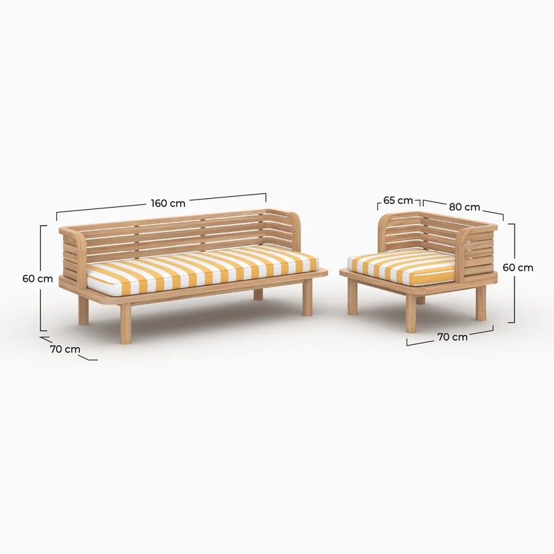 Canapé et fauteuil de jardin Kilda 3 places, teck massif, tissu jaune