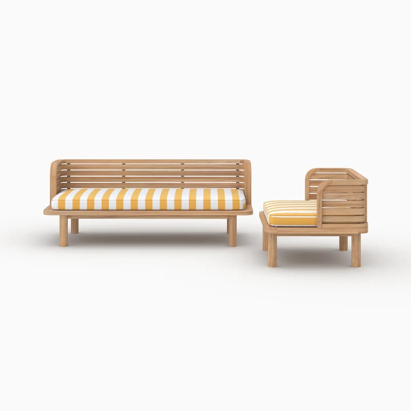 Canapé et fauteuil de jardin Kilda 3 places, teck massif, tissu jaune