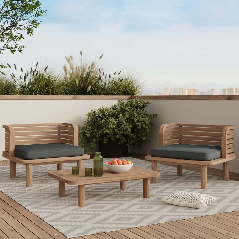 Salon de jardin Kilda 2 places en teck et tissu gris, 2 fauteuils