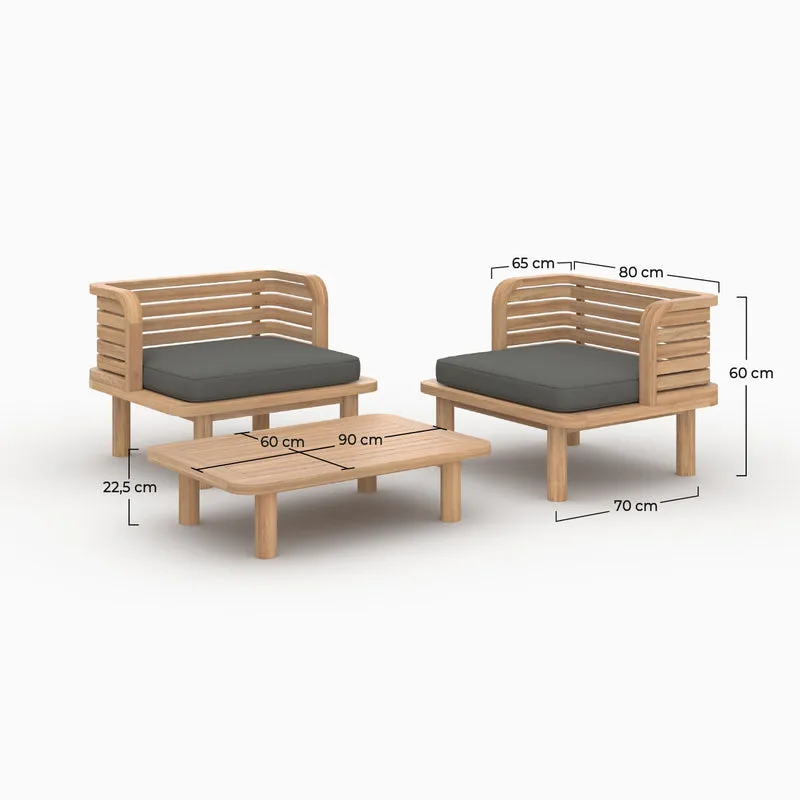 Salon de jardin Kilda 2 places en teck et tissu gris, 2 fauteuils