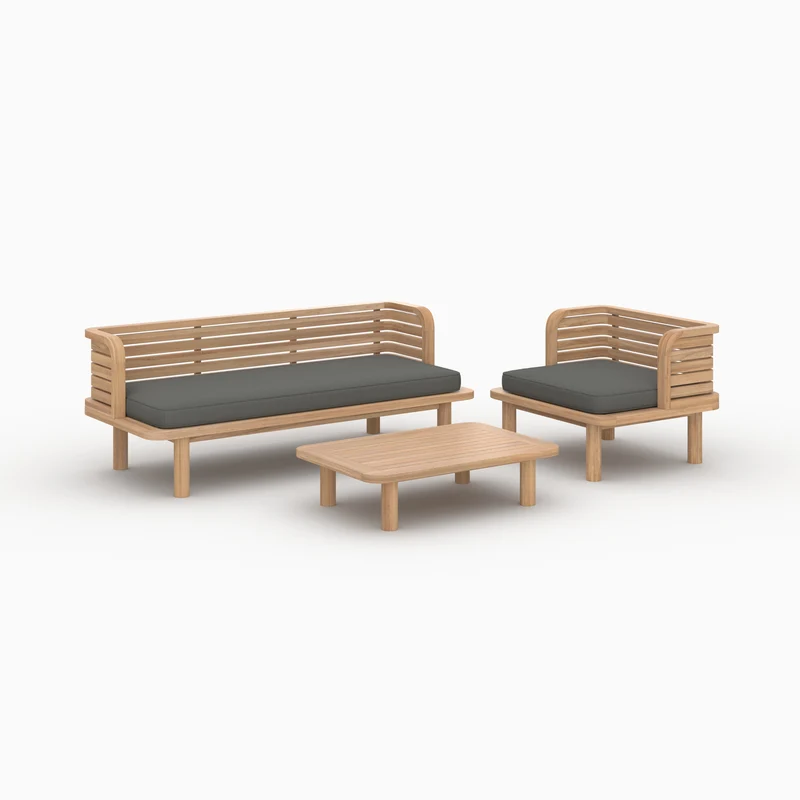 Salon de jardin Kilda 3 places en bois de teck et tissu gris