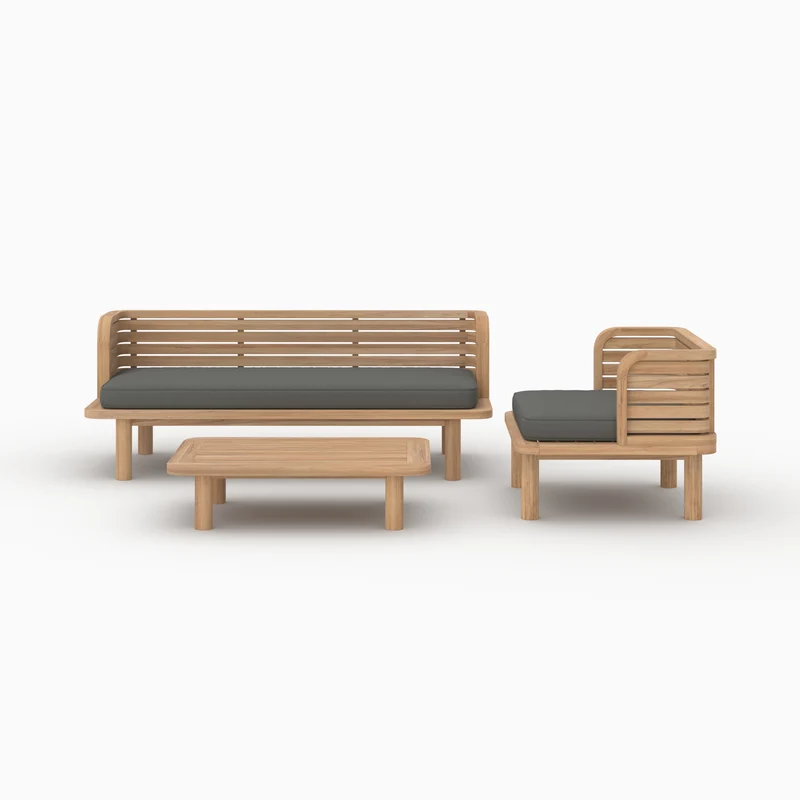 Salon de jardin Kilda 3 places en bois de teck et tissu gris