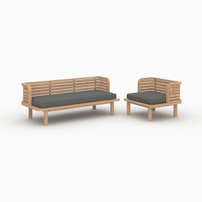 Canapé et fauteuil de jardin Kilda 3 places en teck massif, tissu gris