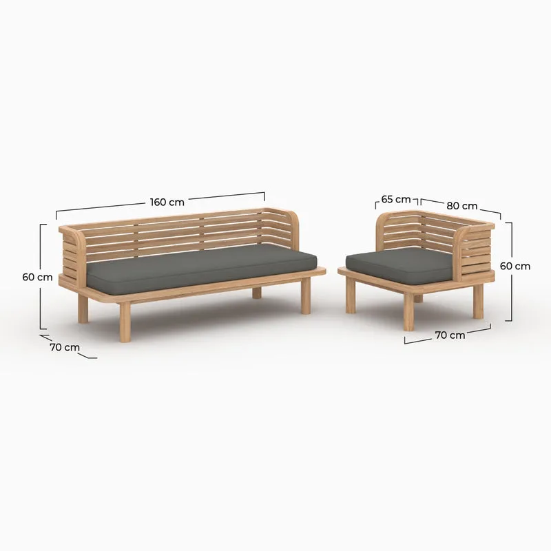 Canapé et fauteuil de jardin Kilda 3 places en teck massif, tissu gris
