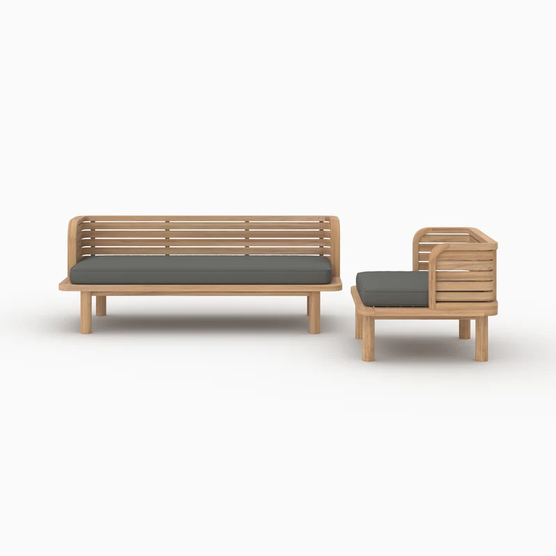 Canapé et fauteuil de jardin Kilda 3 places en teck massif, tissu gris