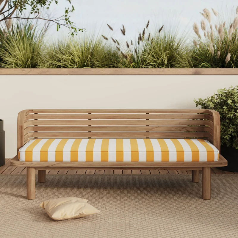 Canapé de jardin Kilda en teck massif et coussin rayé jaune 2 places
