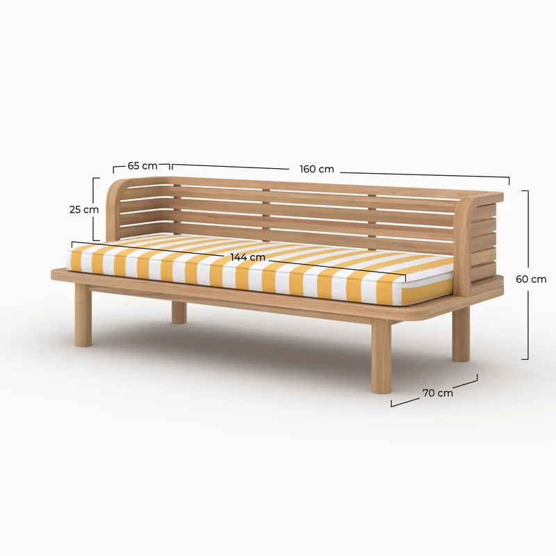 Canapé de jardin Kilda en teck massif et coussin rayé jaune 2 places
