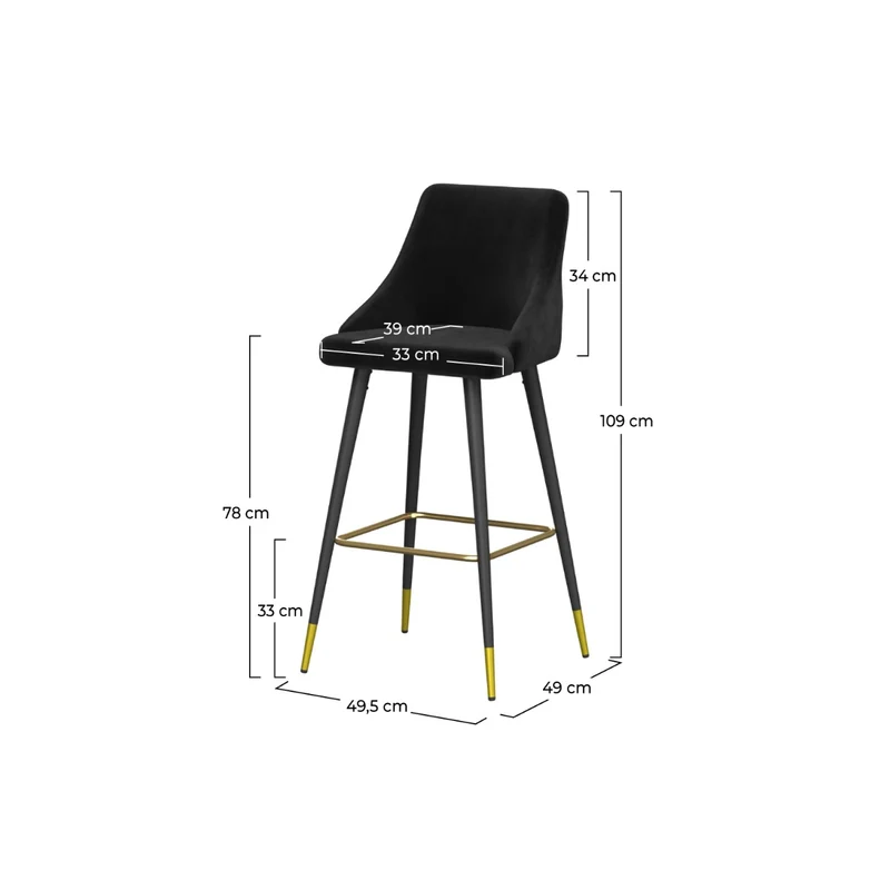 Chaise de bar Aristote en velours noir 78 cm (lot de 2)