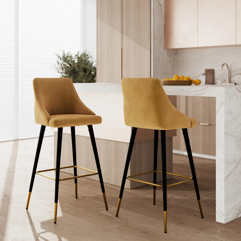 Chaise de bar Aristote en velours jaune curry 78 cm (lot de 2)