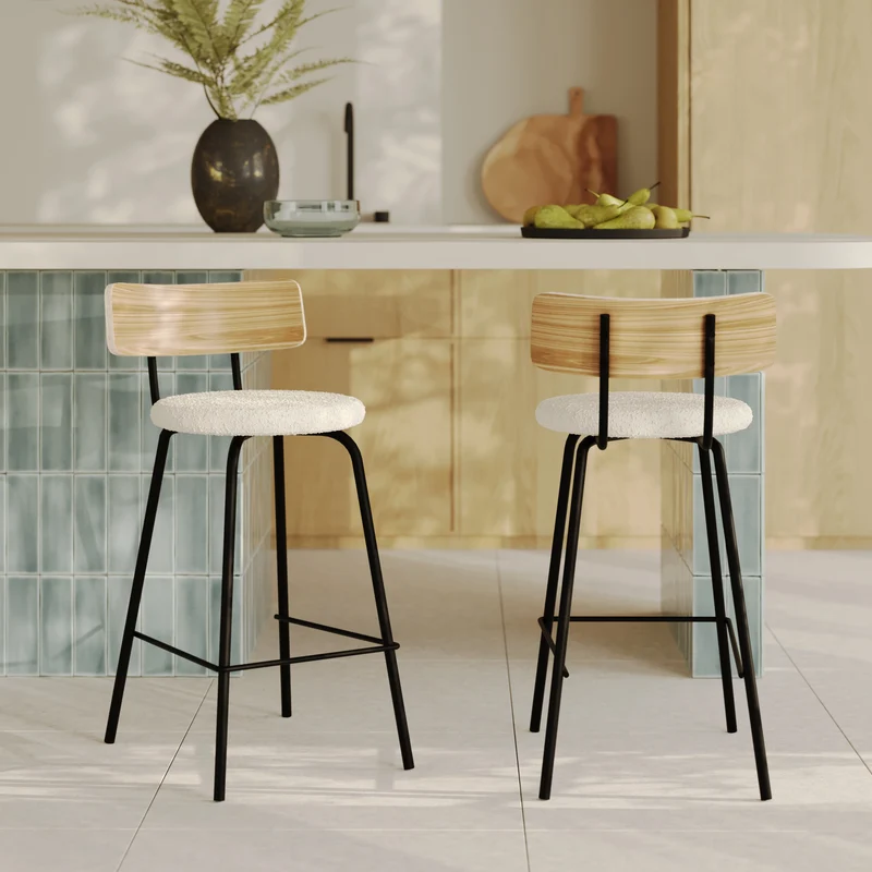 Chaise de bar Alize en tissu bouclé blanc cassé 64 cm (lot de 2)