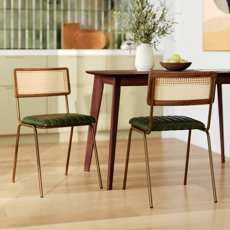 Chaise Arsène en cuir vert et cannage (lot de 2)