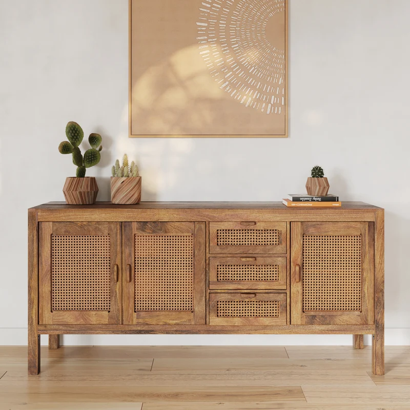 Buffet Tiki 3 portes et 3 tiroirs en cannage