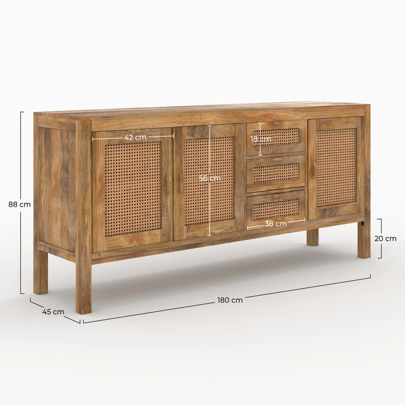 Buffet Tiki 3 portes et 3 tiroirs en cannage