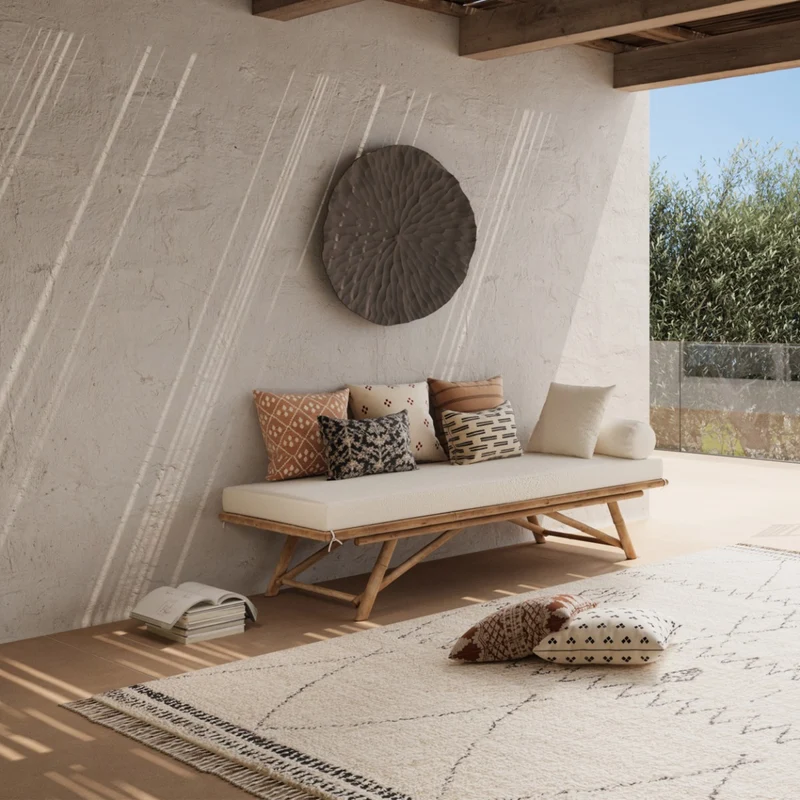Banquette de jardin Vadella en bambou avec matelas