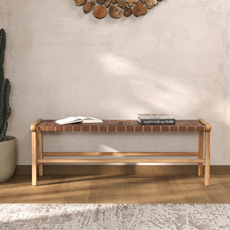 Banc Kuna 120 cm en cuir tressé marron