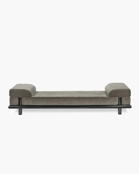 Lit de jour velours taupe + cadre chêne teinté noir Beth