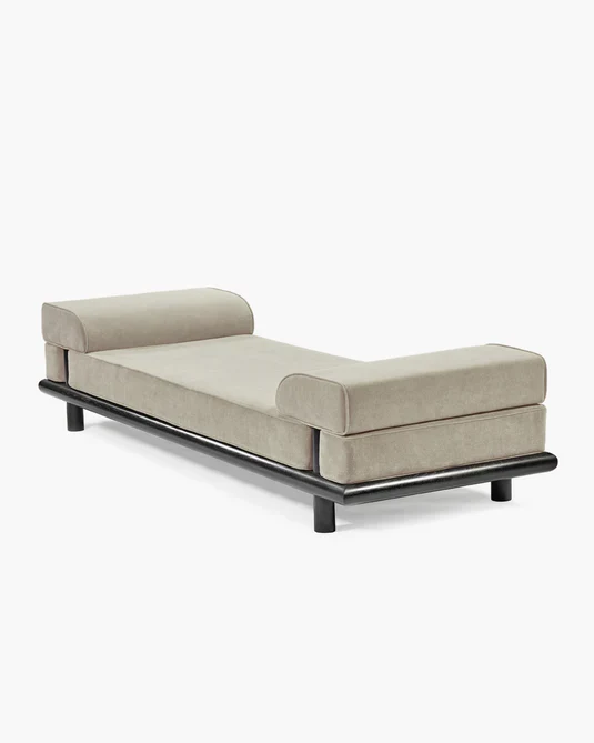 Lit de jour velours gris + cadre chêne teinté noir Beth