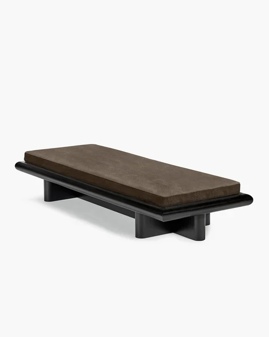Banc L velours teddy + cadre tulipwood teinté foncé Taka