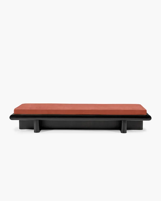 Banc L velours orange + cadre tulipier teinté foncé Taka