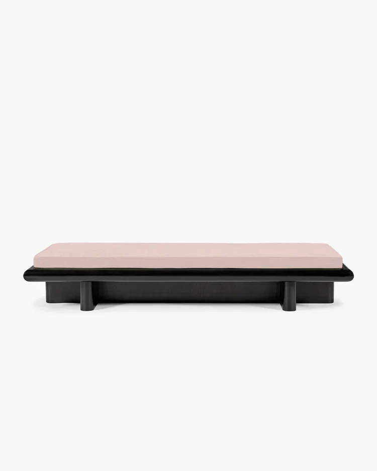 Banc L velours rose + cadre tulipier teinté foncé Taka