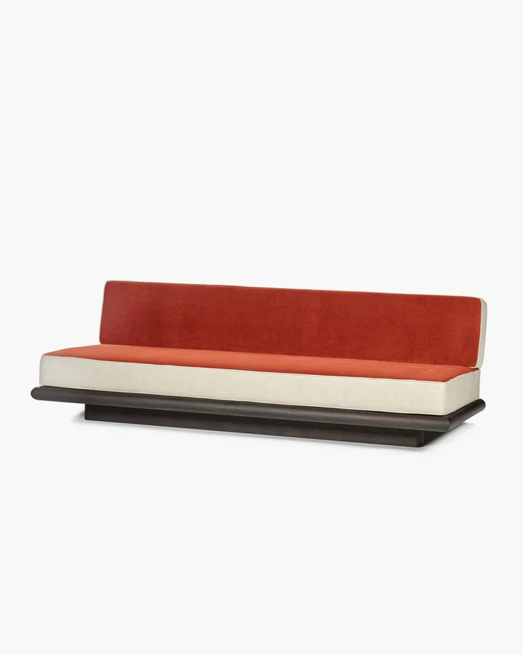 Canapé velours orange + lin calicot + cadre marron Ono 3