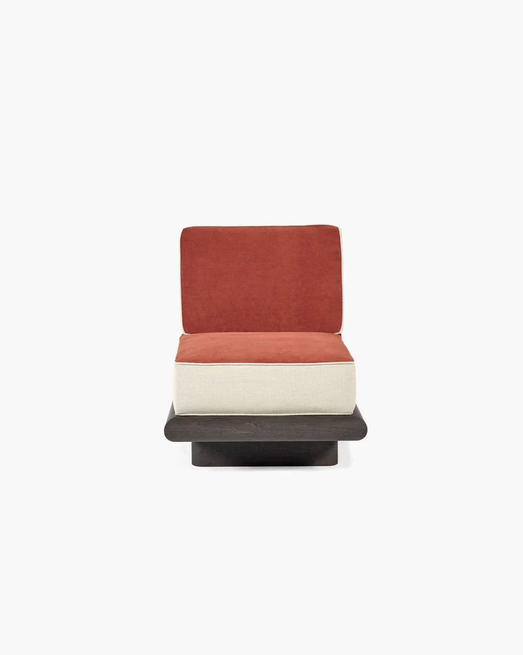 Canapé velours orange + lin calicot + châssis chêne brun Ono 1