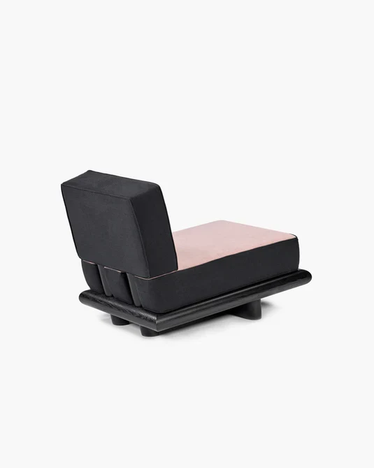 Canapé velours rose + lin noir + châssis chêne teinté noir Ono 1
