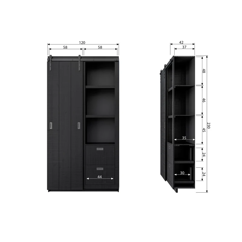 Slide kast Barn bezaagd mat zwart