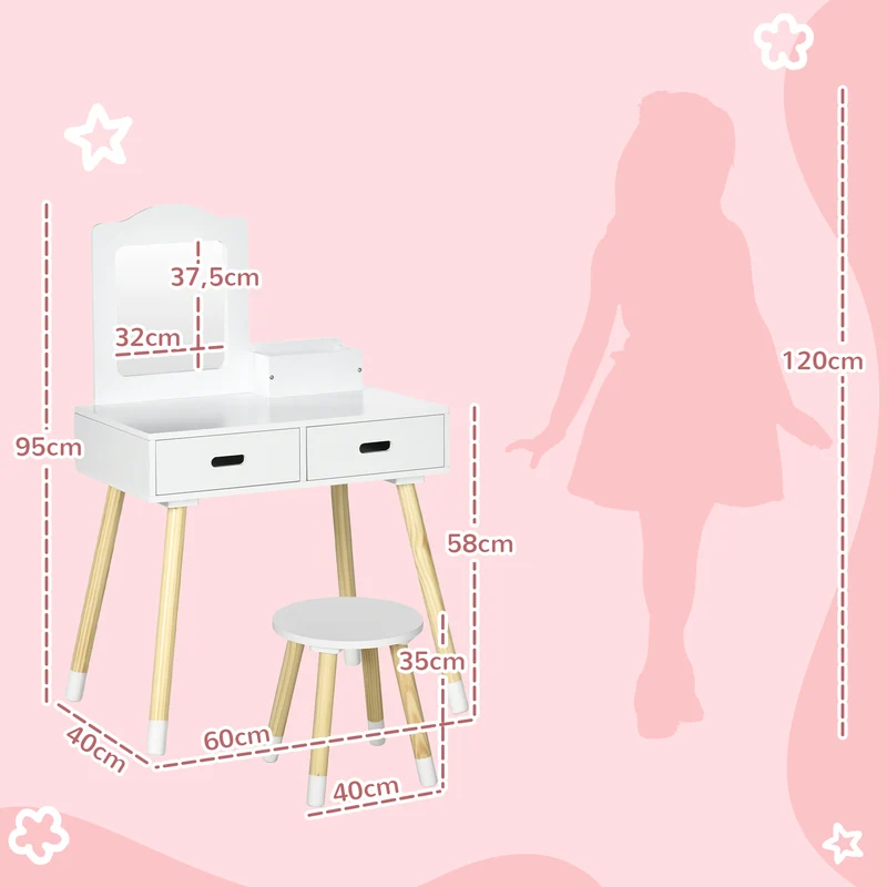 Coiffeuse enfant avec tabouret 60 x 40 x 95 cm rangements pratiques miroir intégré style scandinave chambre en MDF blanc 21_0000266