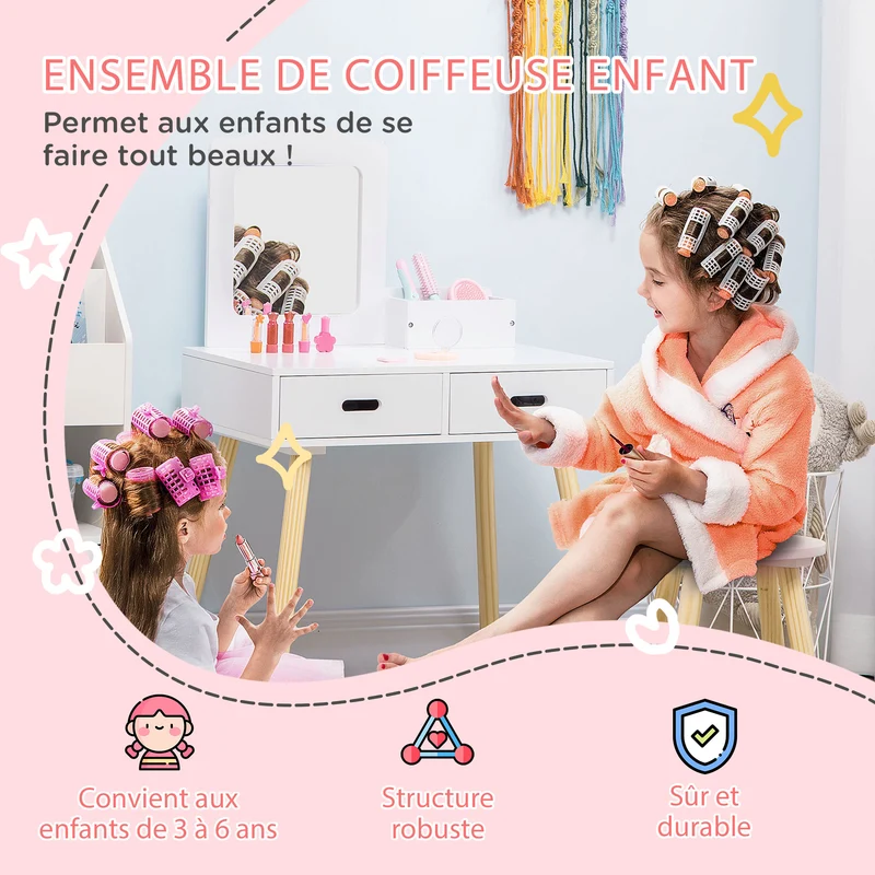 Coiffeuse enfant avec tabouret 60 x 40 x 95 cm rangements pratiques miroir intégré style scandinave chambre en MDF blanc 21_0000266