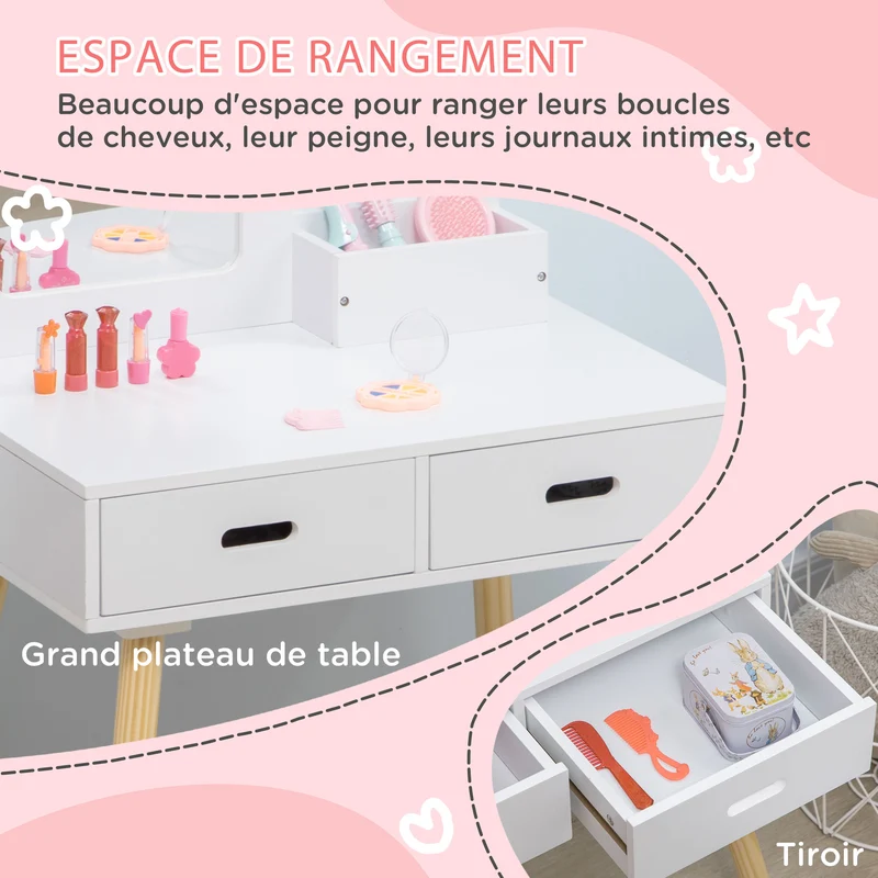 Coiffeuse enfant avec tabouret 60 x 40 x 95 cm rangements pratiques miroir intégré style scandinave chambre en MDF blanc 21_0000266