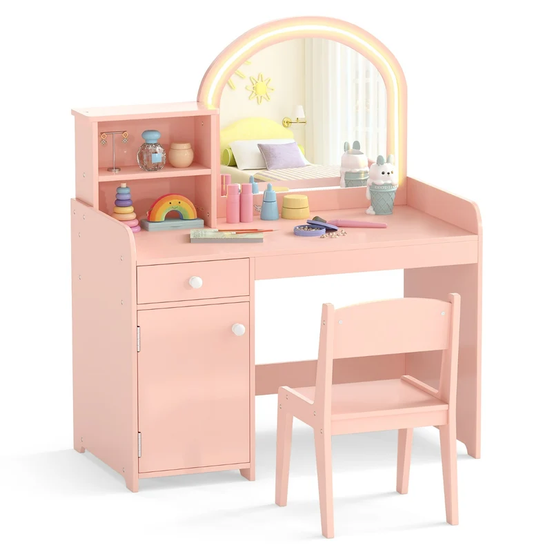 coiffeuse et chaise pour enfants 80 x 41 x 94 cm éclairage LED ajustable rangement spacieux en rose et blanc 20_0020963
