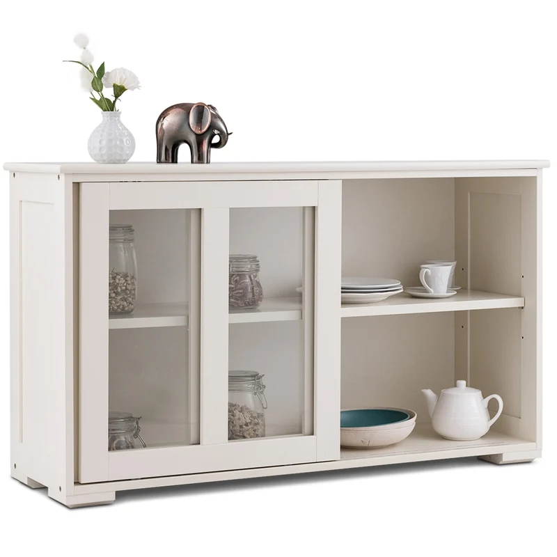 Buffet de cuisine armoire basse 106,5 x 33 x 62,5 cm avec 2 portes coulissantes et étagère réglable style moderne en MDF beige 20_0010802