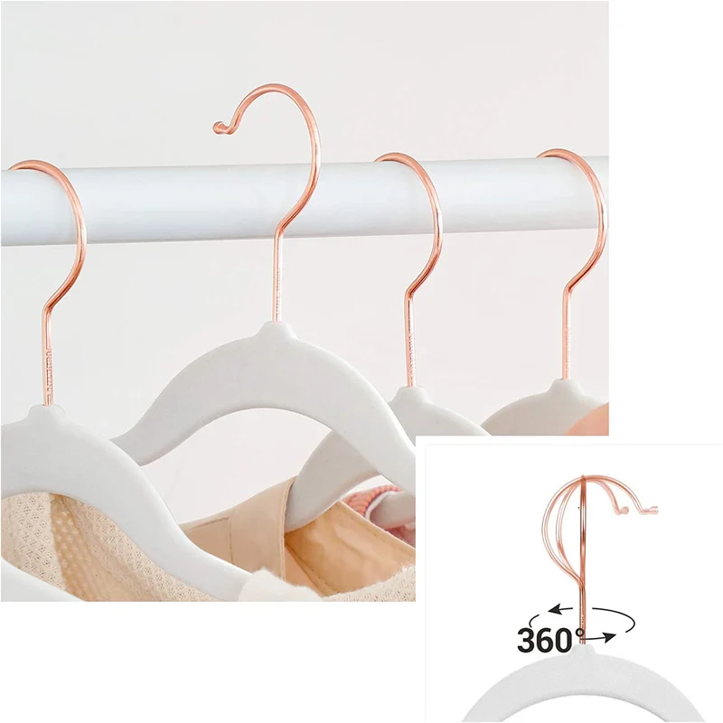 Lot de 20 cintres en velours longueur 42 cm fins et résistants grande capacité de charge avec crochets en rose gold pivotants à 360° pour manteaux chemises blanc 12_0003393