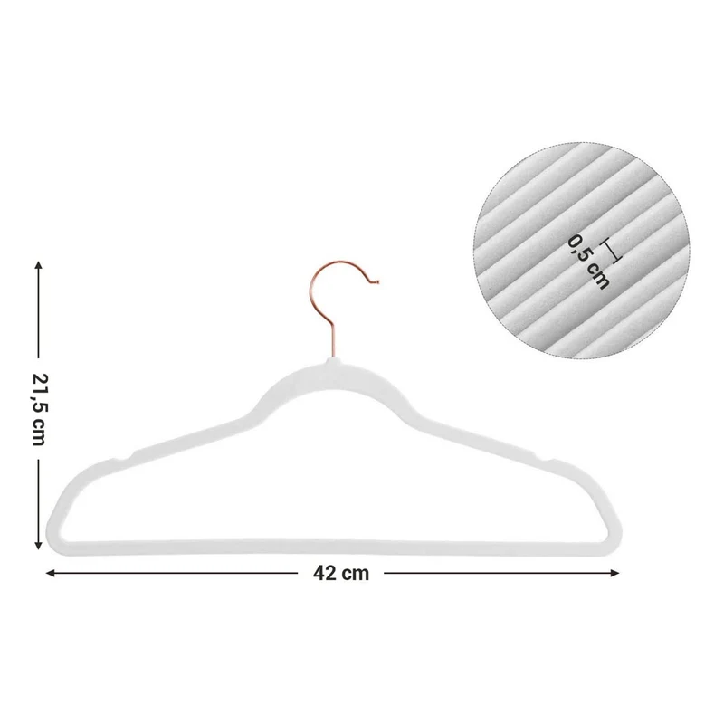 Lot de 20 cintres en velours longueur 42 cm fins et résistants grande capacité de charge avec crochets en rose gold pivotants à 360° pour manteaux chemises blanc 12_0003393