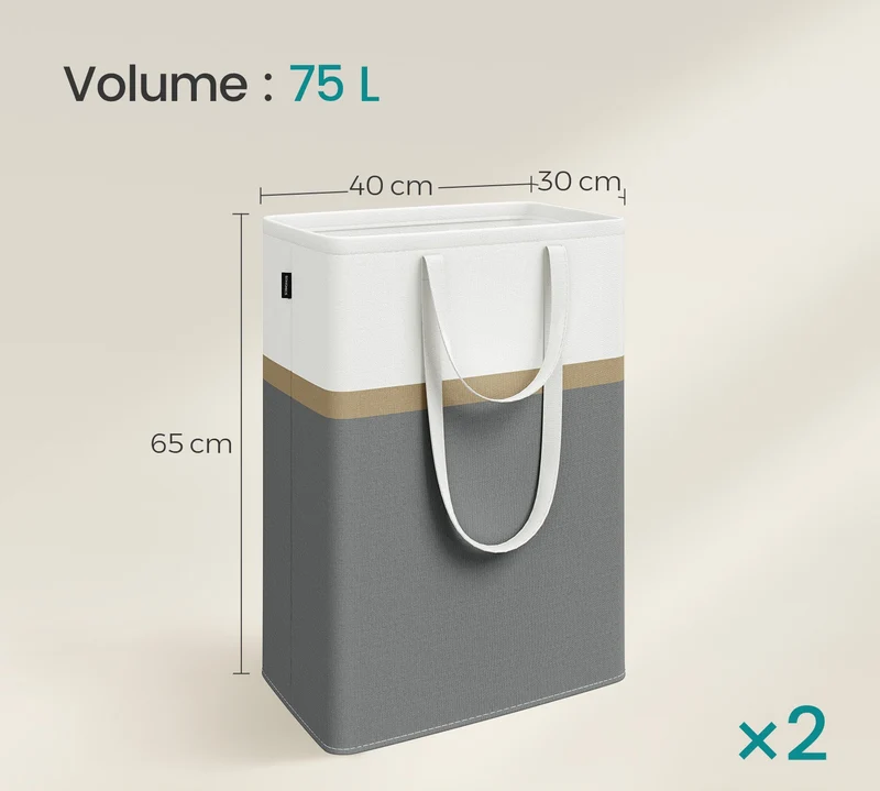Lot de 2 paniers à linge corbeilles à linge pliable sacs à linge de 75 litres avec poignées courtes et longues faciles à transporter et à nettoyer autoportants gris 12_0006240
