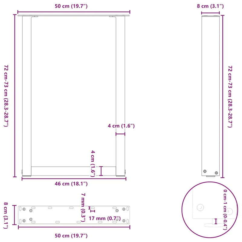 Lot de 2 pieds de table à manger en U ajustables 50 x 72 cm design moderne ambiance élégante en acier anthracite 02_0057418