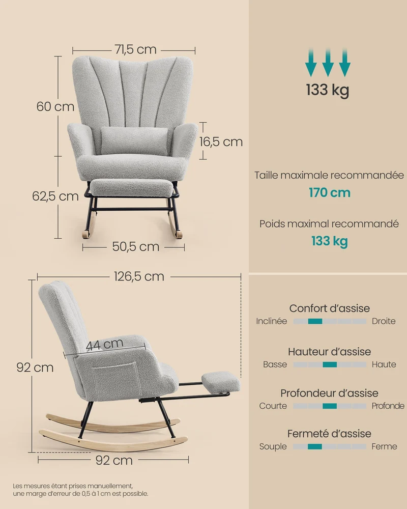 Fauteuil à bascule ergonomique avec repose-pieds ajustable 92-126,5 x 71,5 x 92 cm en bois d'hévéa gris tourterelle 12_0013118