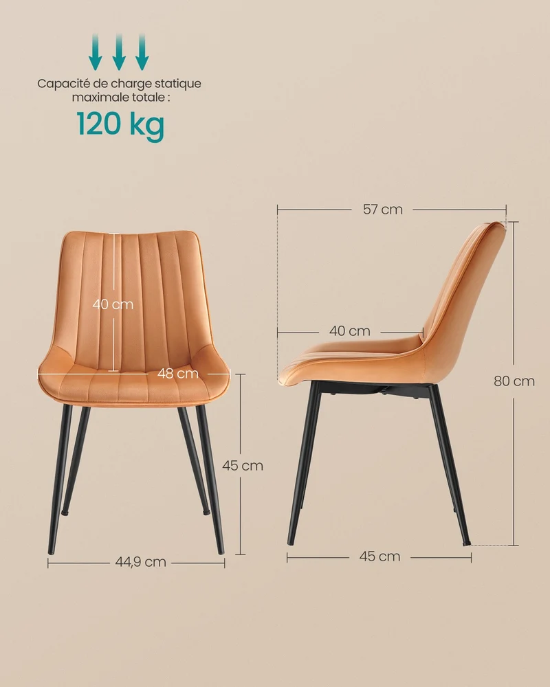 Lot de 6 chaises de salle à manger ergonomiques 57 x 48 x 80 cm confort optimal ambiance cosy en acier marron caramel 12_0012990