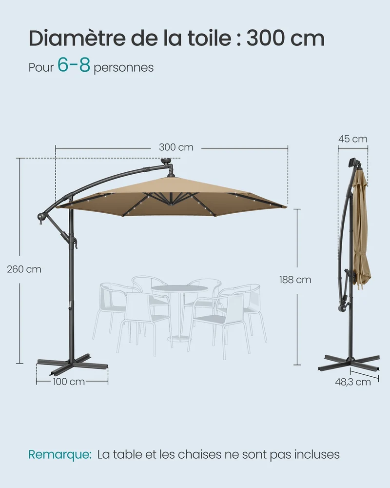 Parasol déporté avec manivelle hauteur 260 cm diamètre 300 cm protection solaire ambiance jardin en polyester taupe 12_0012831