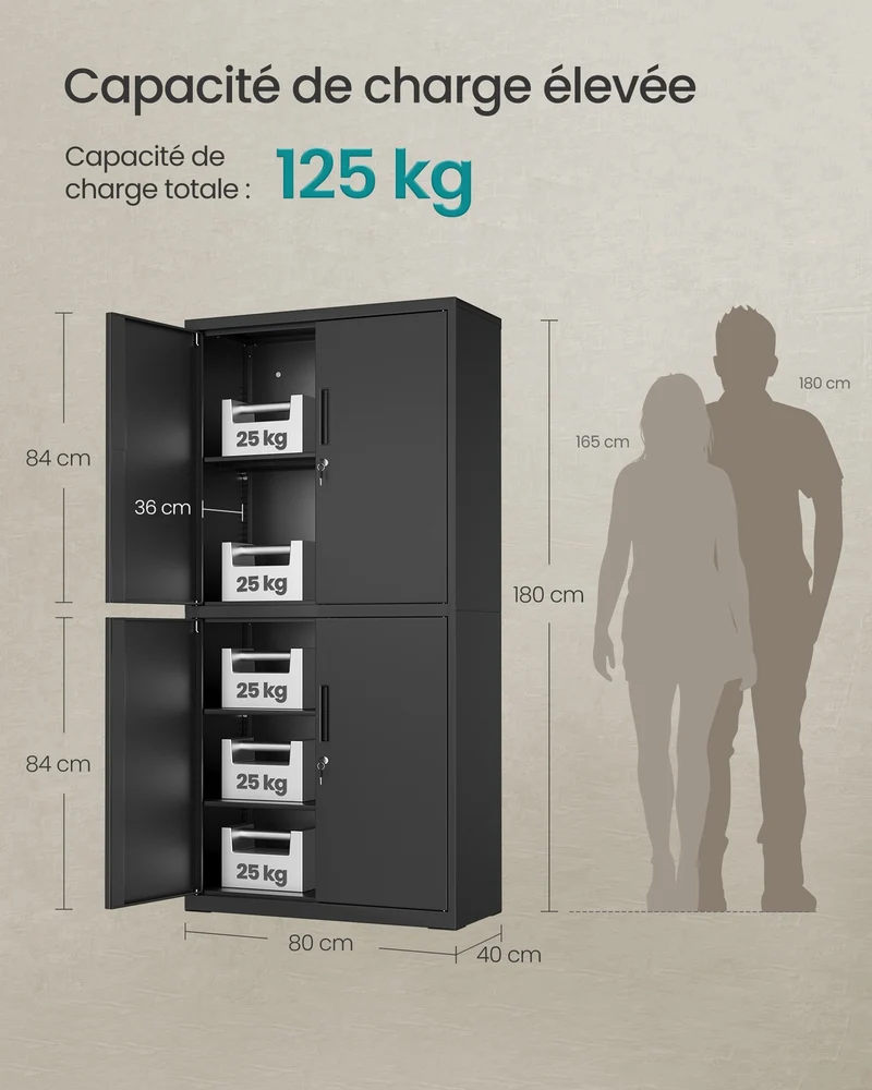 Armoire de rangement design moderne 40 x 80 x 180 cm avec étagères réglables et sécurité en acier noir 12_0012311