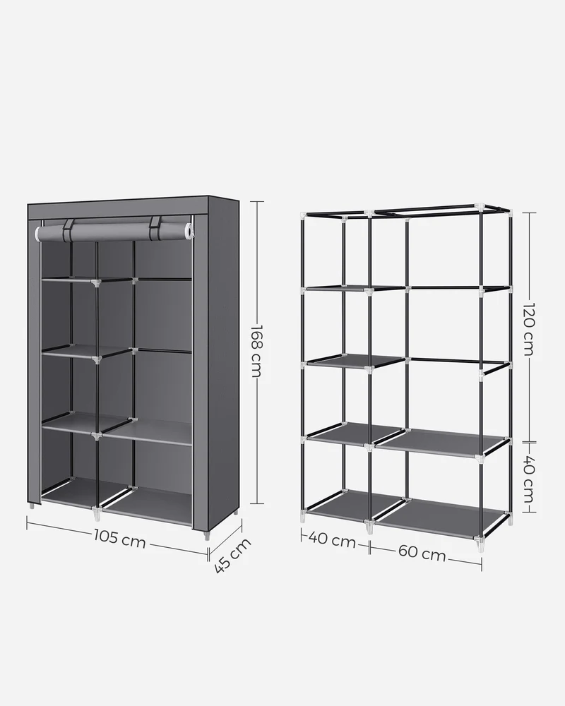 Armoire à vêtements penderie 45 x 105 x 168 cm avec 6 niveaux et 2 tringles design épuré chambre en tissu gris 12_0010294