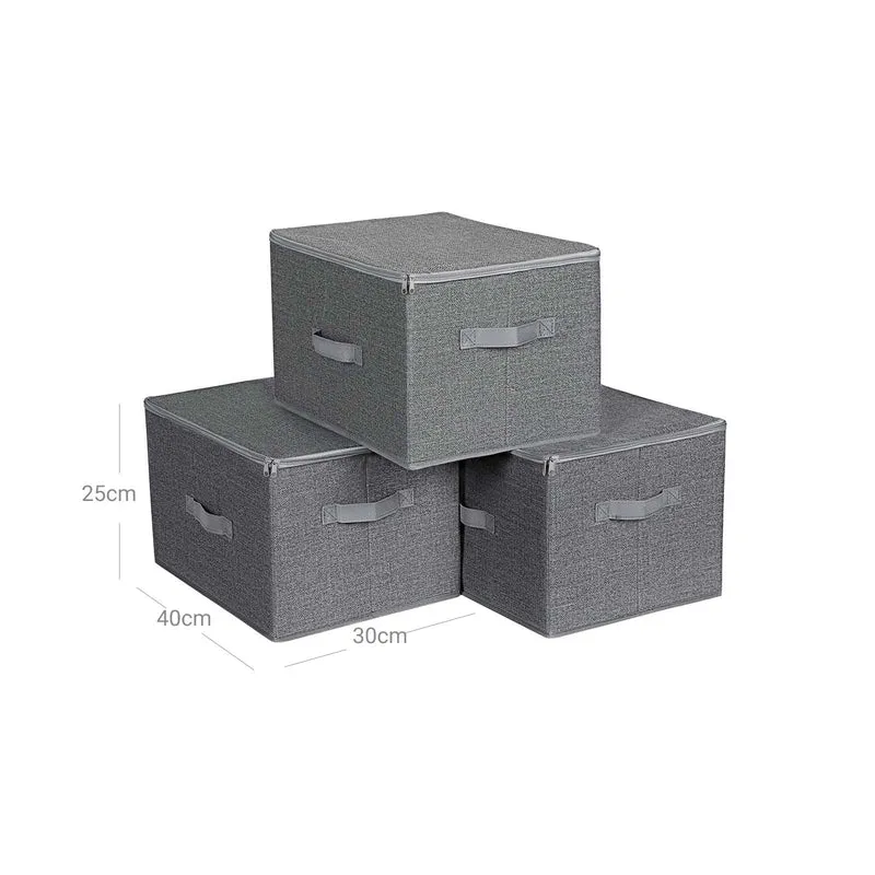 Lot de 3 sacs de rangement pliables avec couvercle pour jouets et vêtements 40 x 30 x 25 cm en tissu gris 12_0009210