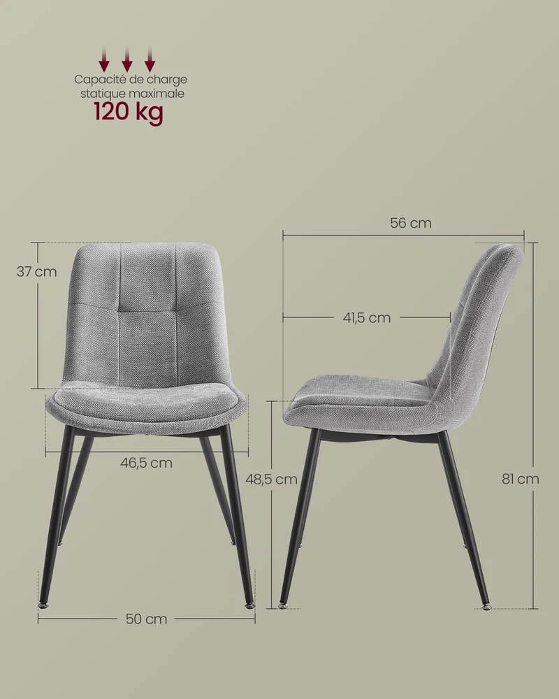 Lot de 6 chaises de salle à manger modernes rembourrées confort ergonomique 56 x 50 x 81 cm en tissu chenille gris tourterelle 12_0012687