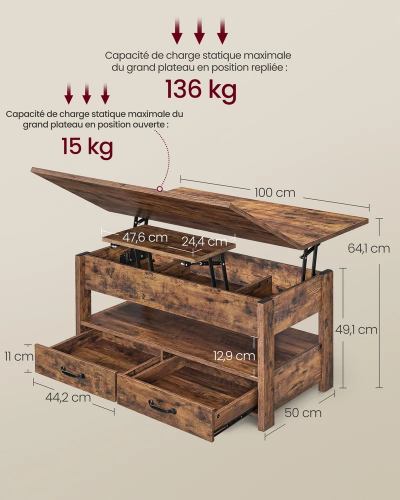 Table basse relevable avec rangement fonctionnelle 50 x 100 x 49,1 cm ambiance cosy en panneau aggloméré marron 12_0012341